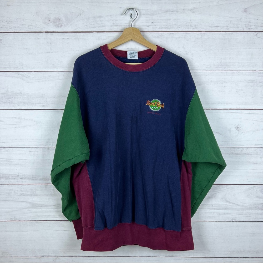 Vintage 90s Hard Rock Cafe Color Block Embroidered Pullover Sweatshirt Large